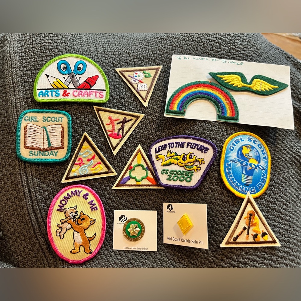 Girl Scout patches from the 90’s. Cookies sales pin and troupe pin. New sewn on